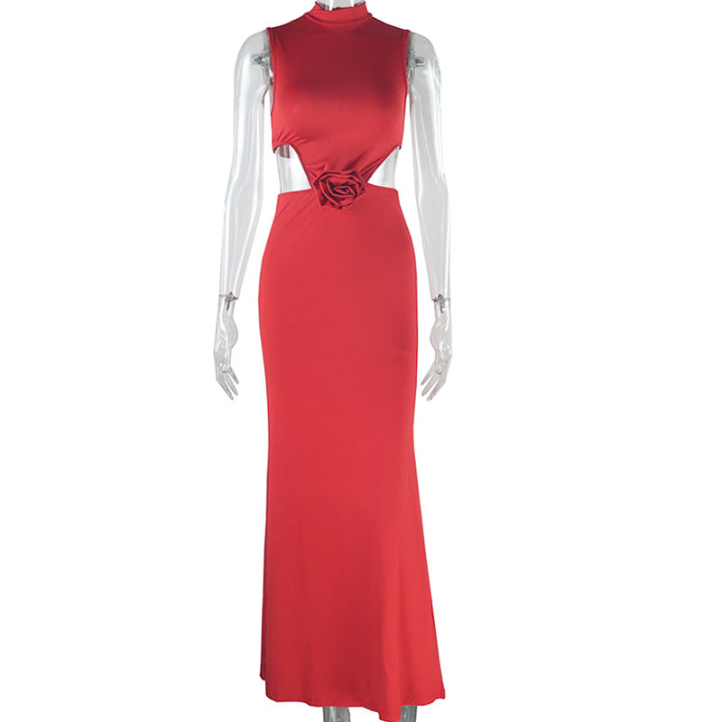 Women's Fashion Solid Color Dress Sexy Round Neck Sleeveless Waist-baring Backless One-Step Long Dress