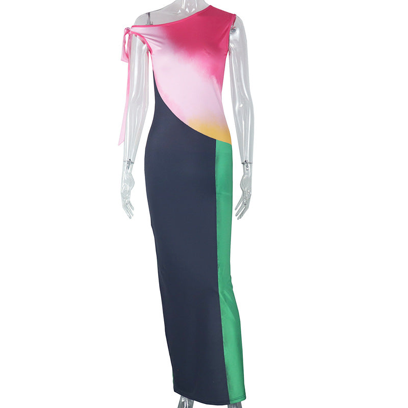 Fashionable women's color matching strapless off-shoulder elegant one-step skirt sleeveless raglan sleeve oblique collar dress