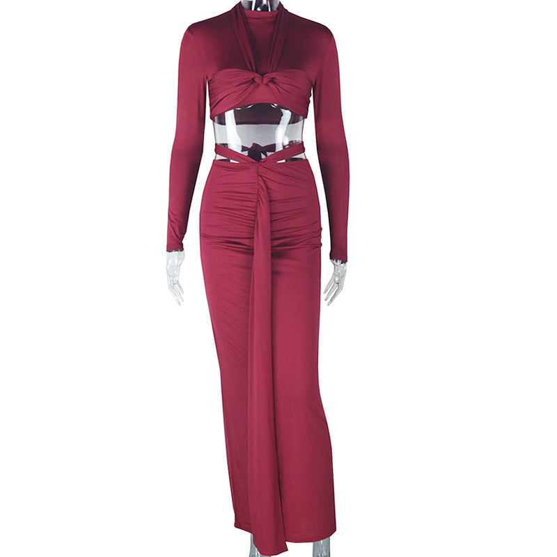 Women's solid color fashionable sexy skirt suit long sleeve long skirt round neck slim fit two-piece suit