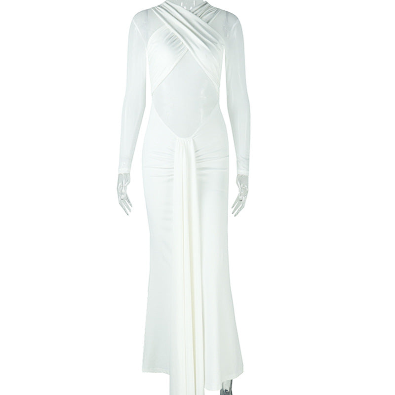 Elegant and simple women's clothing sexy slim-fit hip-wrapped slightly transparent one-step skirt solid color pleated wrap chest long dress