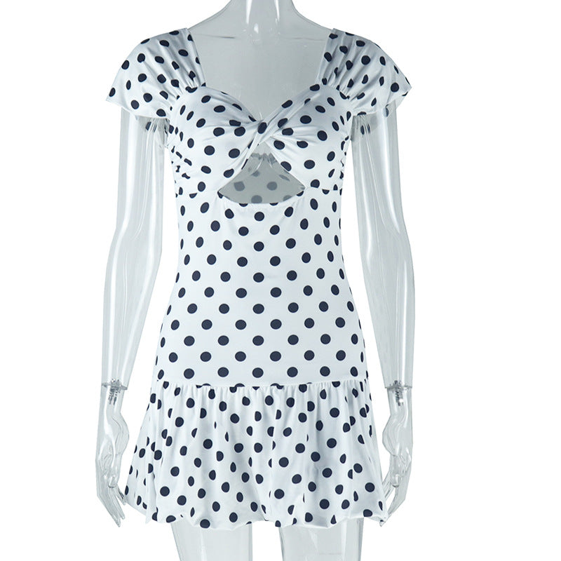 Women's Fashion Polka Dot Print Sexy Hollow Off Shoulder Short Sleeve Casual Dress