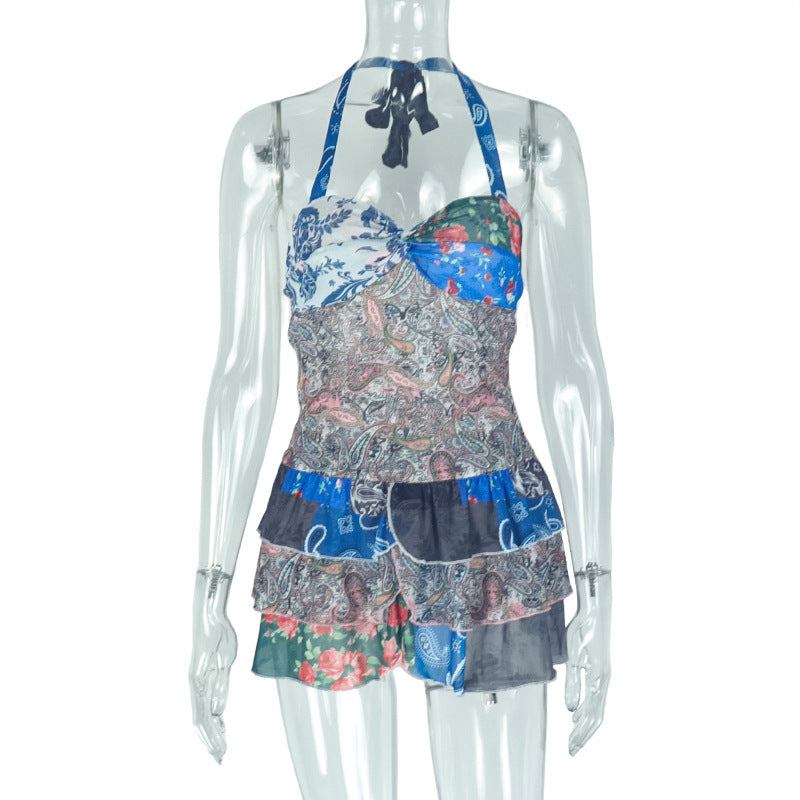 Fresh abstract print ruffled A-line skirt Halter neck backless short dress casual holiday women's wear