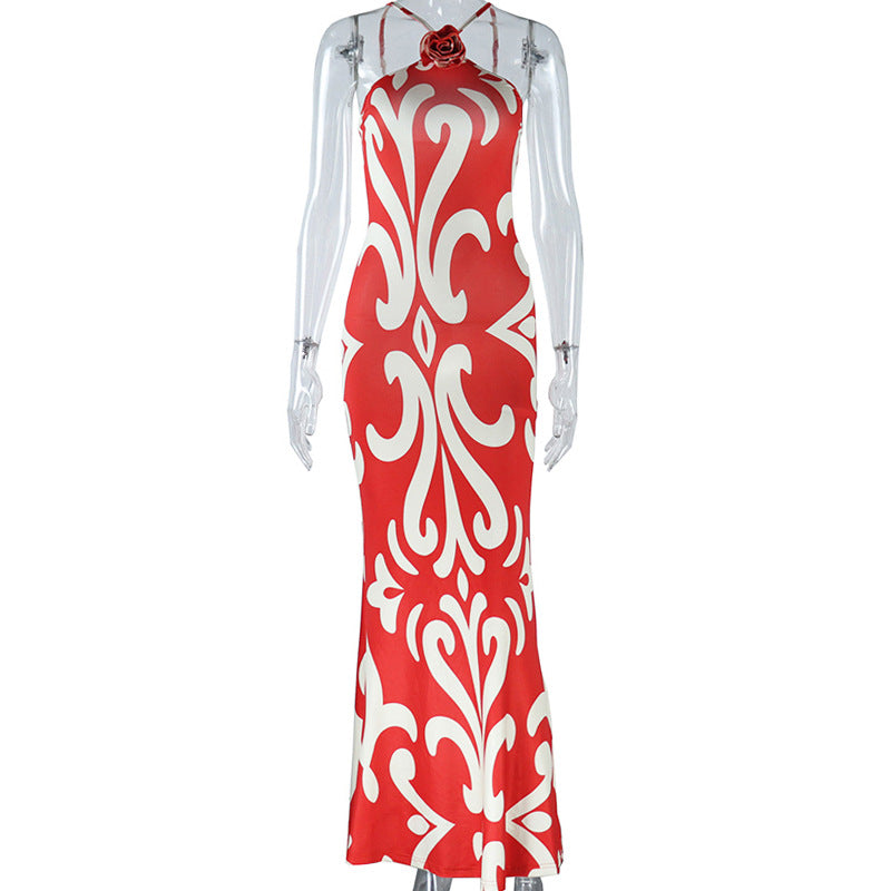 Fashion print sexy sleeveless halter neck three-dimensional flower decoration hip dress trendy women