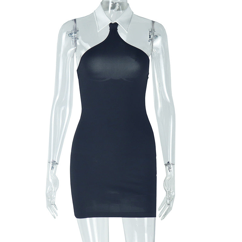 Fashion women's clothing backless slim fit solid color hip skirt sleeveless mid-waist halter neck shirt collar dress