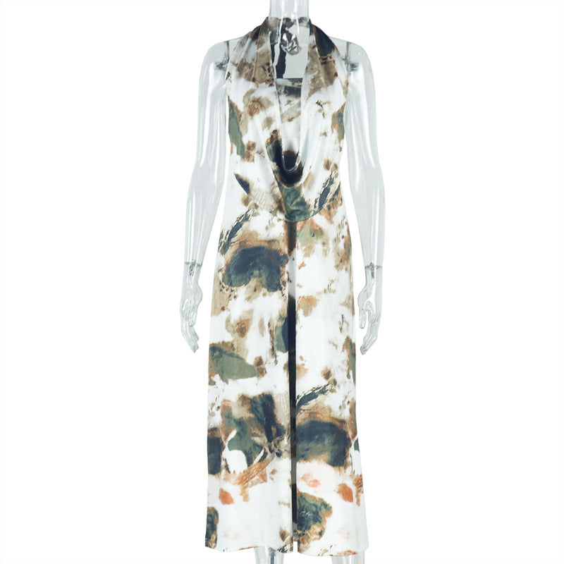 Casual and fashionable women's printed pleated backless skirt suit Sleeveless lace-up deep V-neck long skirt two-piece suit