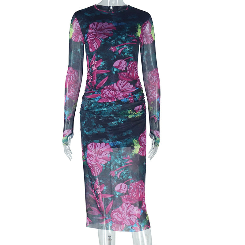 Fashion women's elegant printed hip-wrapped one-step skirt round neck long sleeve slim fit long dress