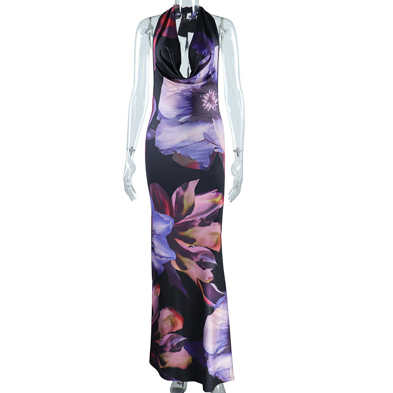 Women's new digital printing sexy draped collar long mid-length dress