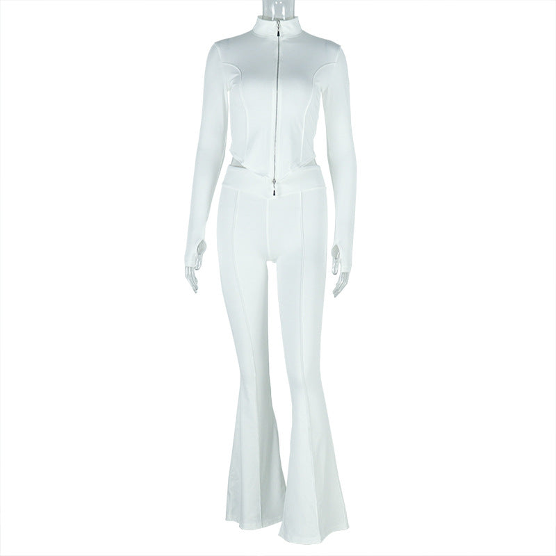 Women's slim fit pleated zipper solid color navel-baring pants suit long sleeve stand collar loose trousers two-piece suit