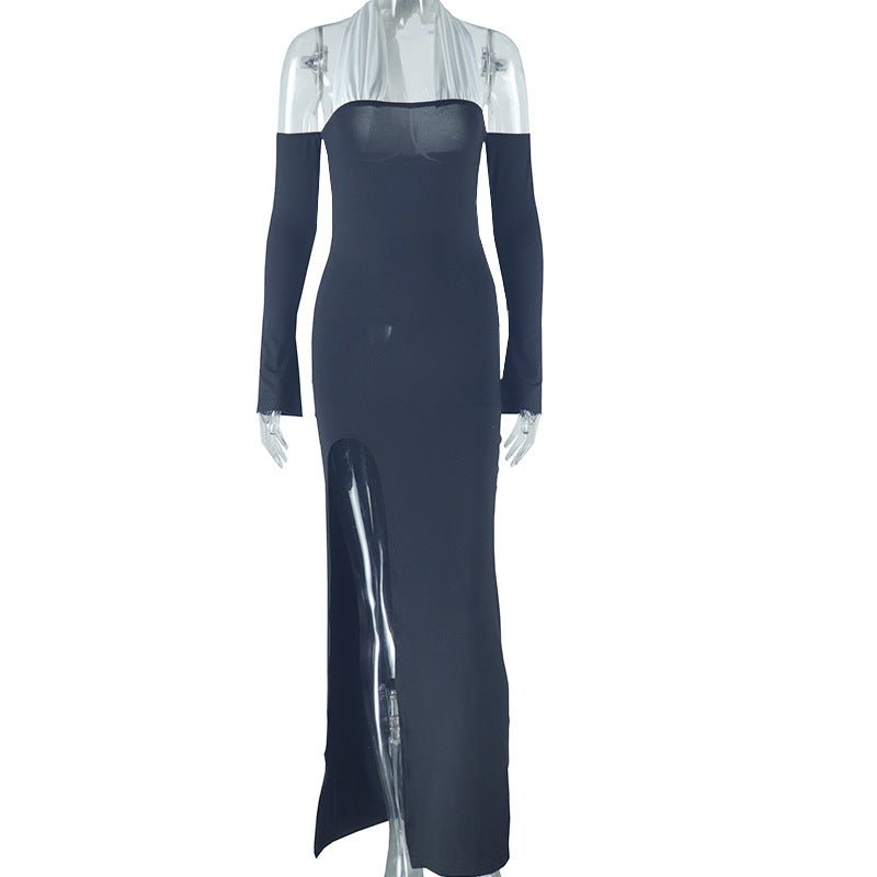 Women's solid color dress sexy halter neck off-shoulder long sleeve casual slit temperament dress