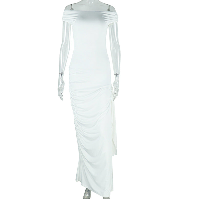 Ladies new solid color raglan sleeve dress oblique collar temperament leisure ribbon pullover skirt