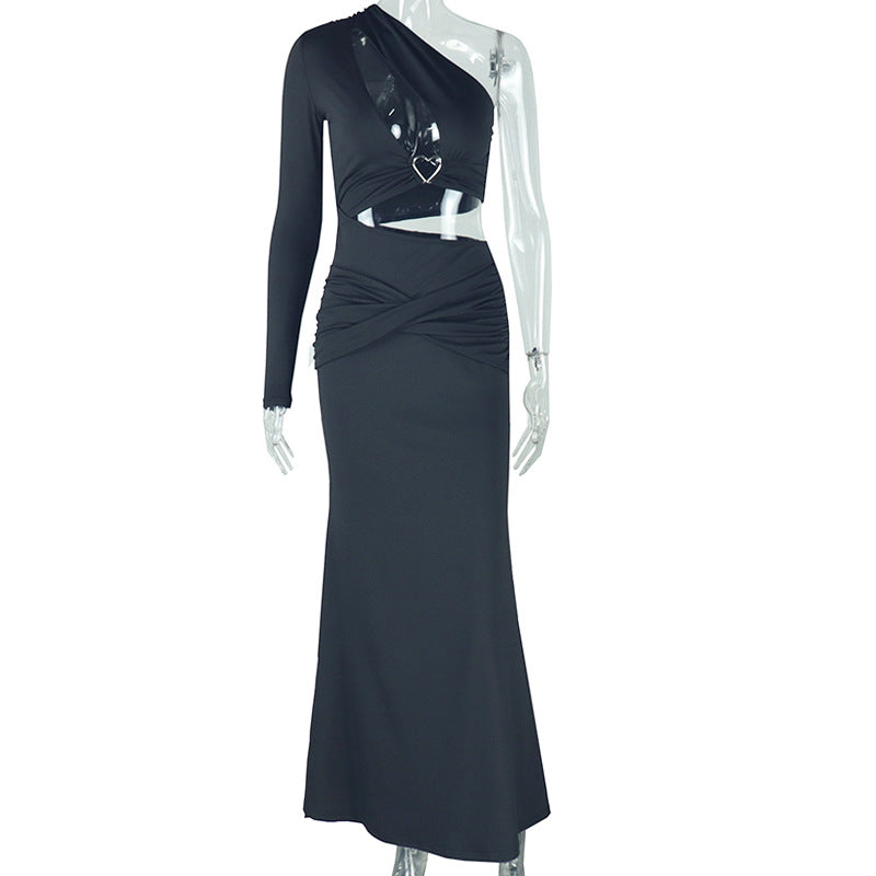 Women's solid color hollow belly exposed slim hip skirt asymmetrical one-shoulder sleeve slit oblique collar dress