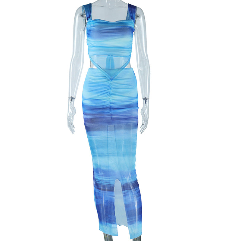 Women's Fashion Printed Skirt Suit Sexy Lace-up Small Vest Slit Skirt