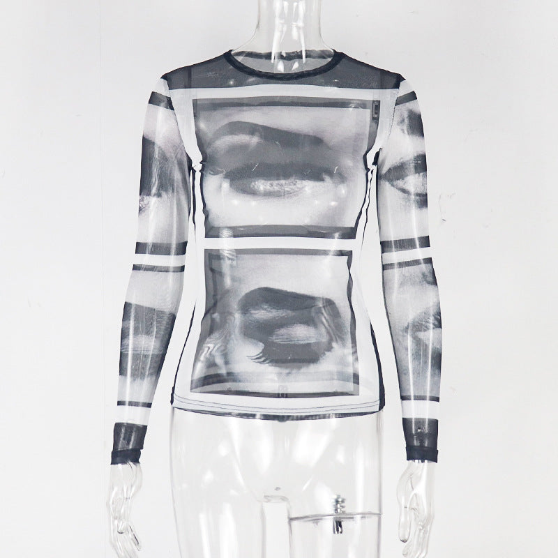 Women's mesh print casual slim fit fashion street T-shirt long sleeve round neck top