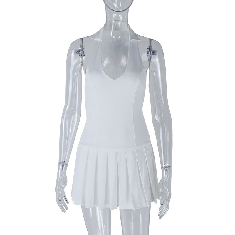 Fresh and sweet women's clothing solid color sexy halter neck A-line skirt backless temperament casual dress