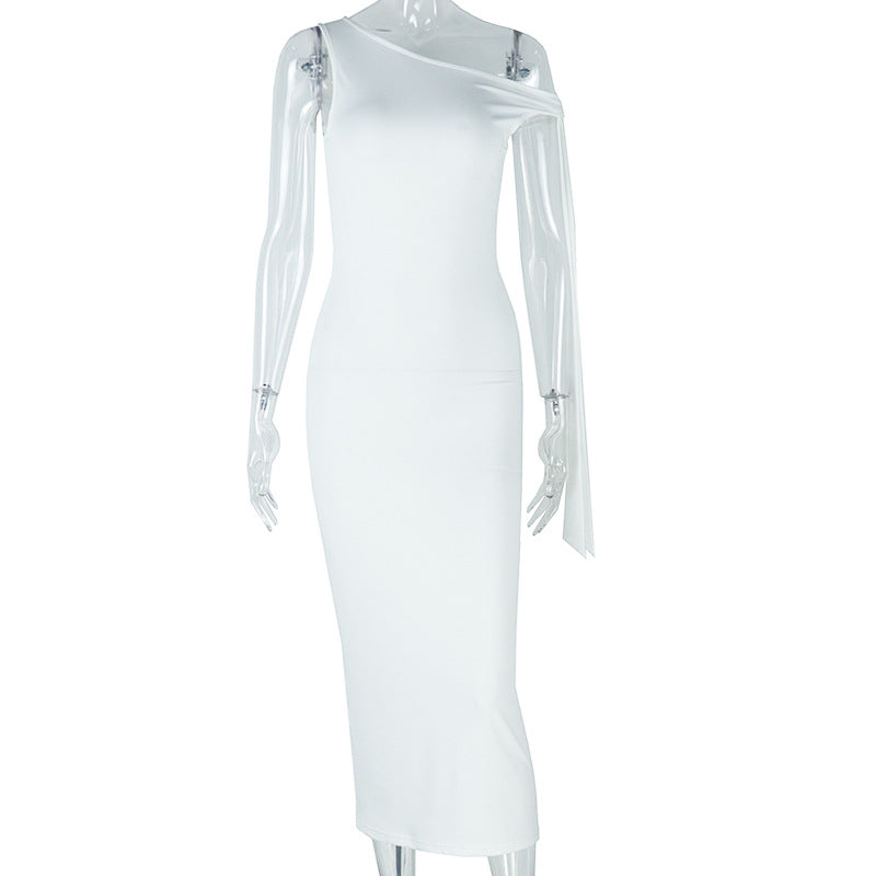Women's elegant fashion solid color irregular one-step skirt sleeveless oblique collar high waist mid-length dress