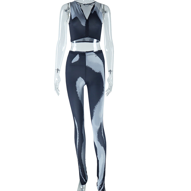 Women's Fashion Printed Fitness Suit Top Zippered Vest Pants Set