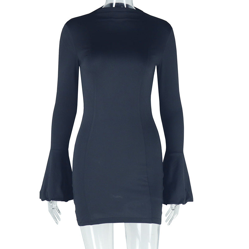 Tight short dress round neck long sleeves long sleeves slim short hip pullover skirt