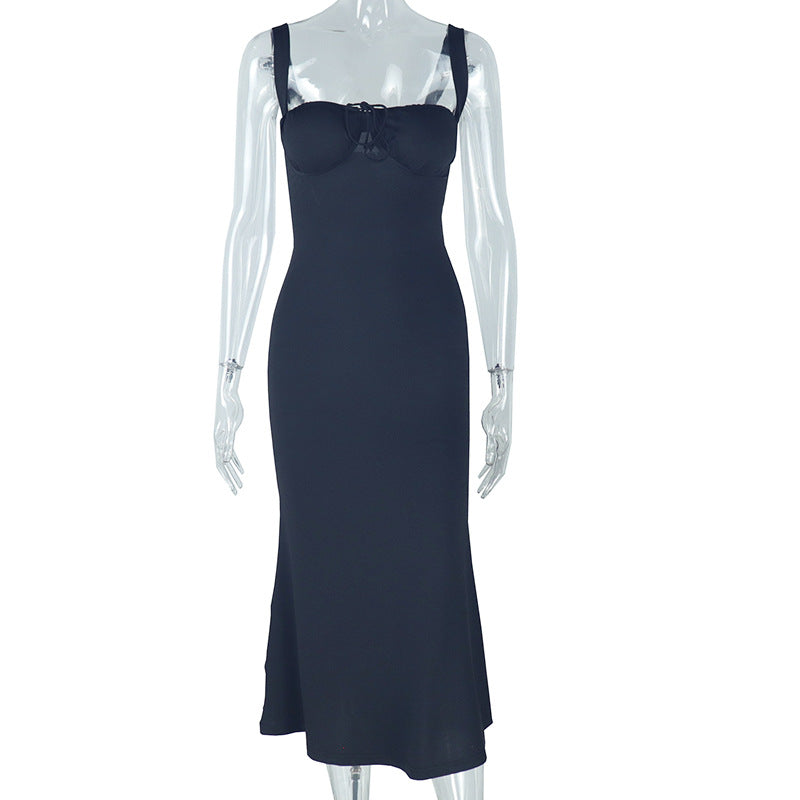 New style women's clothing, elegant sling solid color fishtail skirt, sleeveless one-shoulder long dress