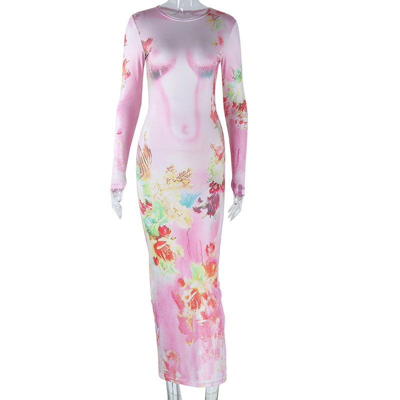 Fashion printed round neck pullover long sleeve hip long skirt street style casual dress for women