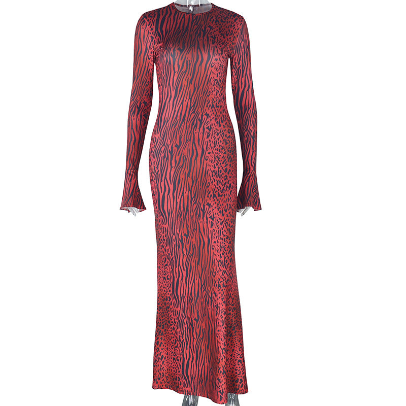 Women's sexy slim fit elegant hip skirt backless long sleeve high collar long dress