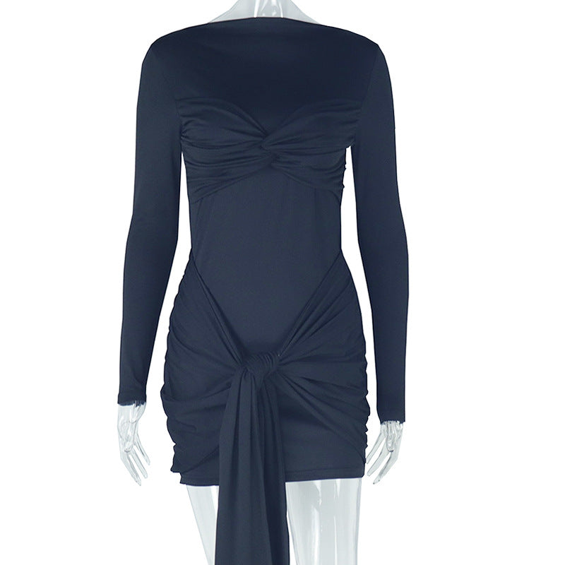 Women's elegant fashion splicing solid color lace-up hip skirt long sleeve round neck high waist short dress