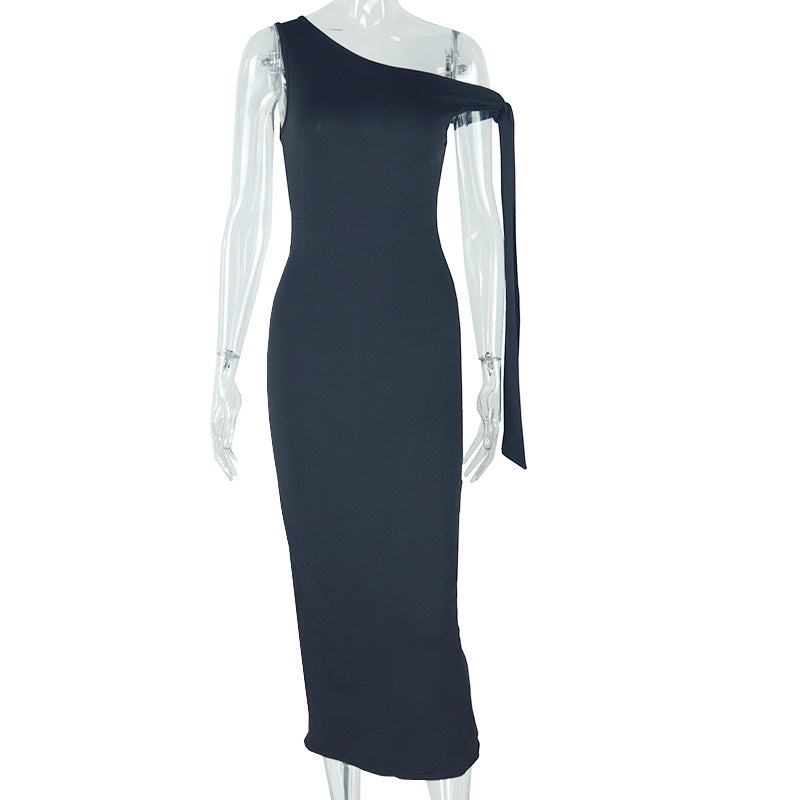 Women's elegant fashion solid color irregular one-step skirt sleeveless oblique collar high waist mid-length dress
