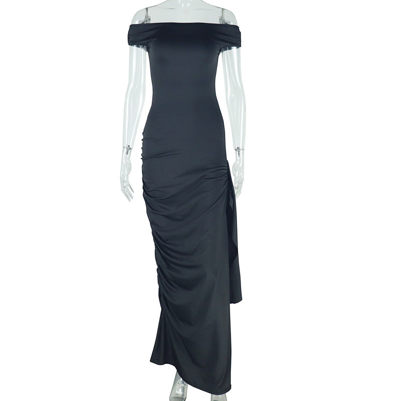 Ladies new solid color raglan sleeve dress oblique collar temperament leisure ribbon pullover skirt