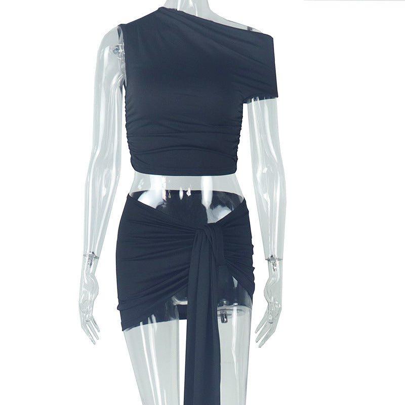 Sexy women's clothing, comfortable and casual navel-baring lace-up solid color skirt suit, sleeveless round neck two-piece suit