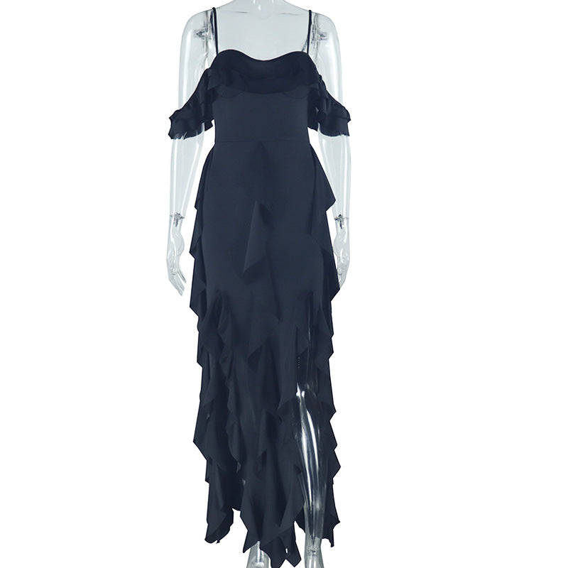 Women's Fashion Solid Color Dress Sexy Suspender Sleeveless Ruffle Irregular Long Skirt