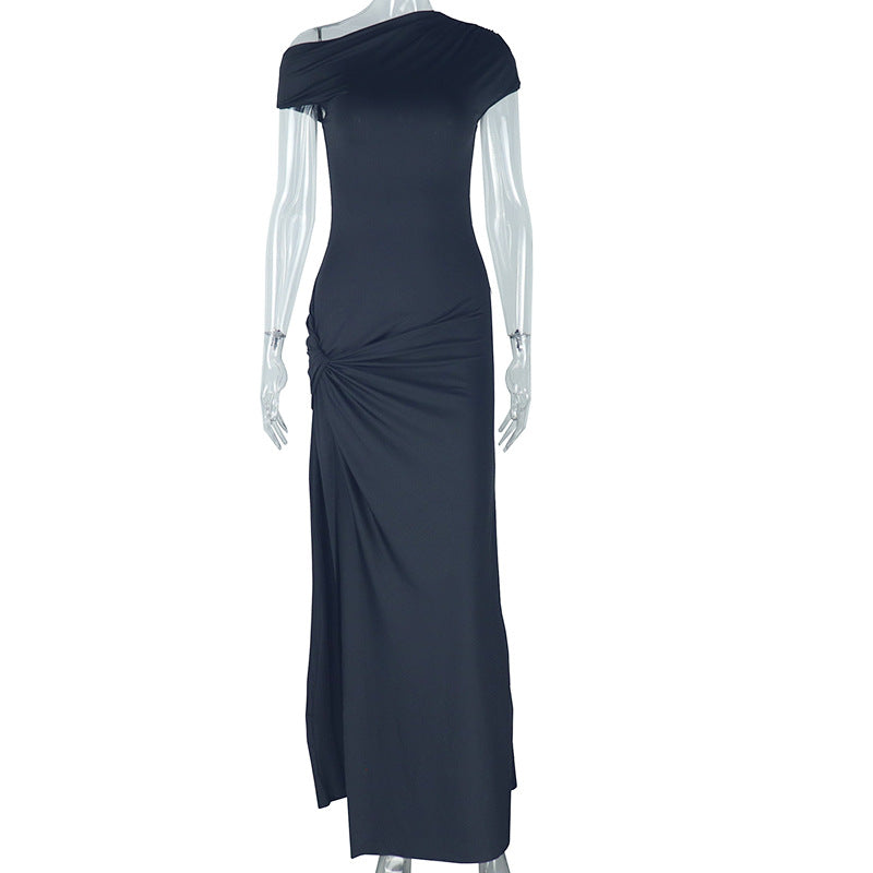 Women's solid color dress with oblique collar and short sleeves, sexy and irregular slit temperament skirt