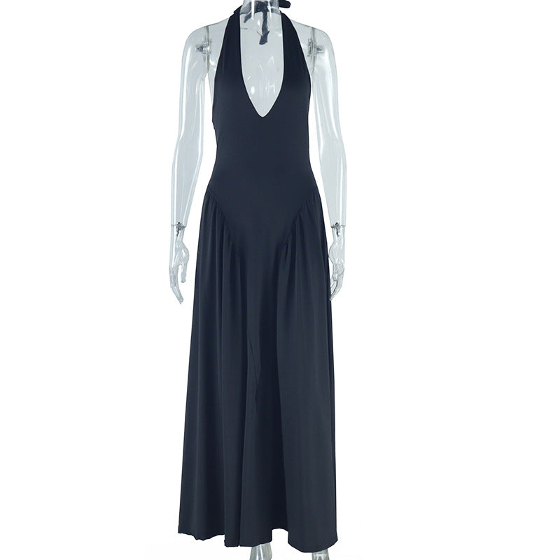 Women's sexy fashion halter neck solid color dress sleeveless pullover fairy dress
