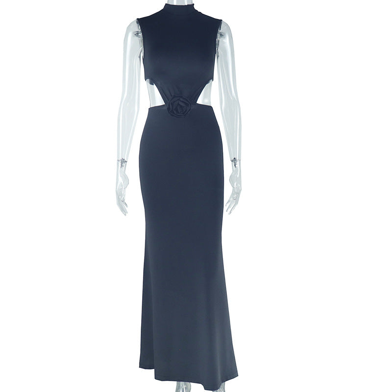 Women's Fashion Solid Color Dress Sexy Round Neck Sleeveless Waist-baring Backless One-Step Long Dress