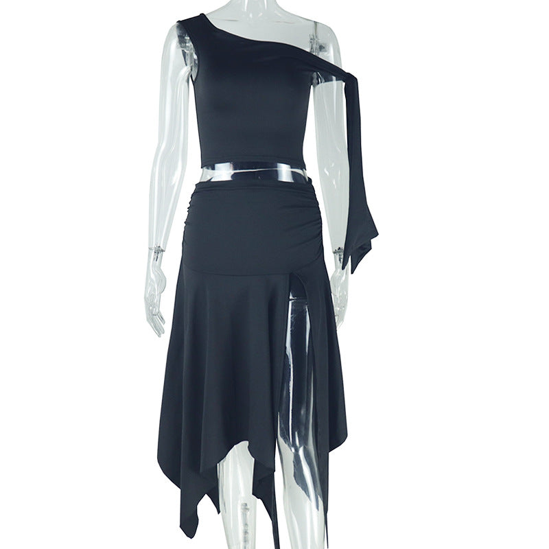 Women's solid color skirt suit sexy sleeveless one shoulder top slit skirt