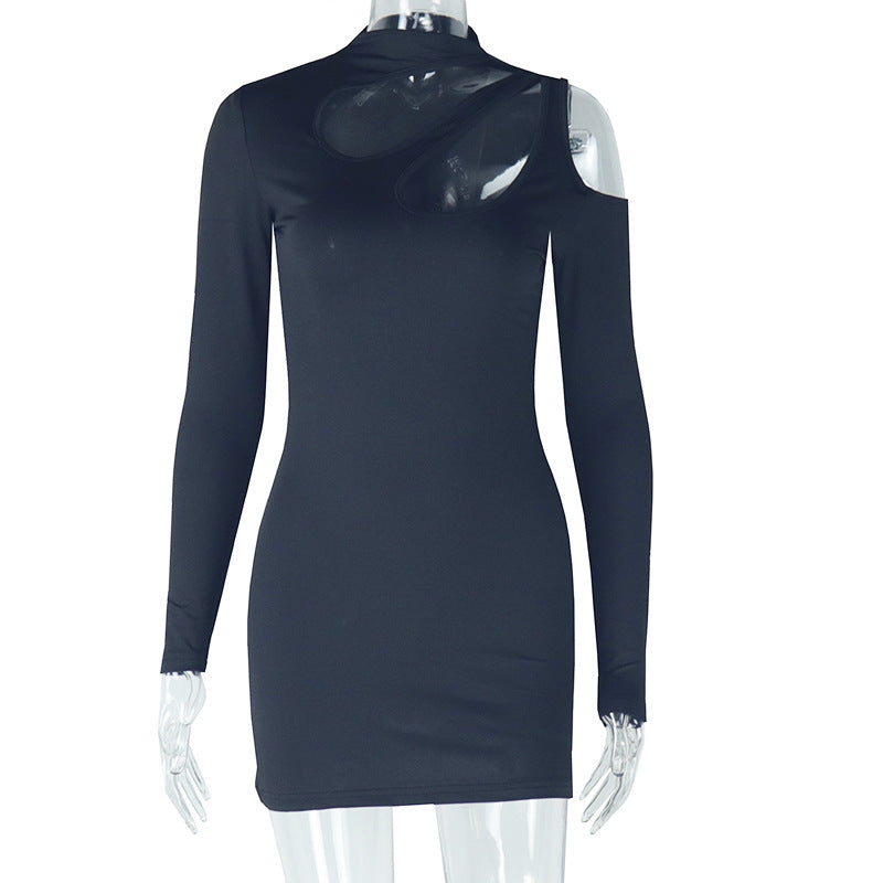 Women's fashion elegant tight hip skirt long sleeve round neck solid color short dress