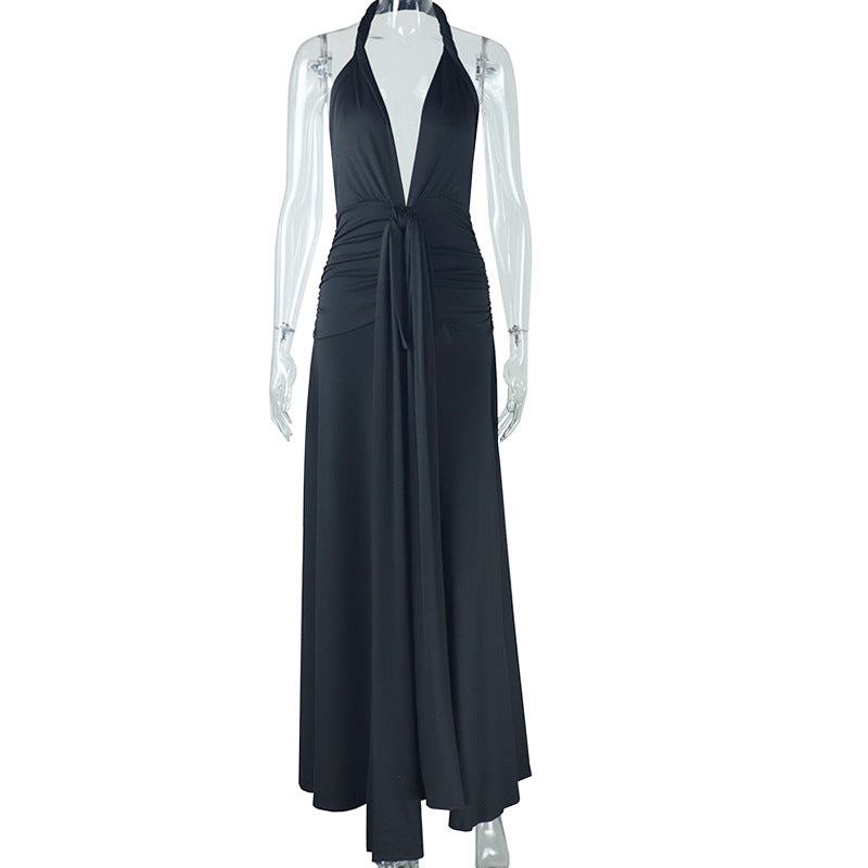 Women's solid color sexy sleeveless halter neck lace-up backless slit temperament long skirt
