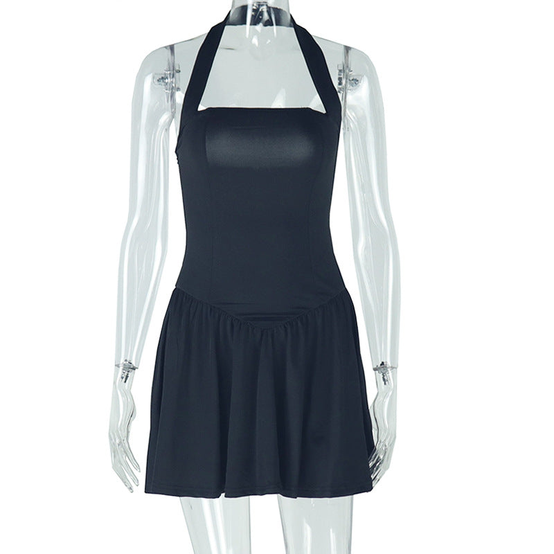 Women's Fashion Solid Color Dress Sexy Sling Neck Sleeveless Backless A-Line Dress