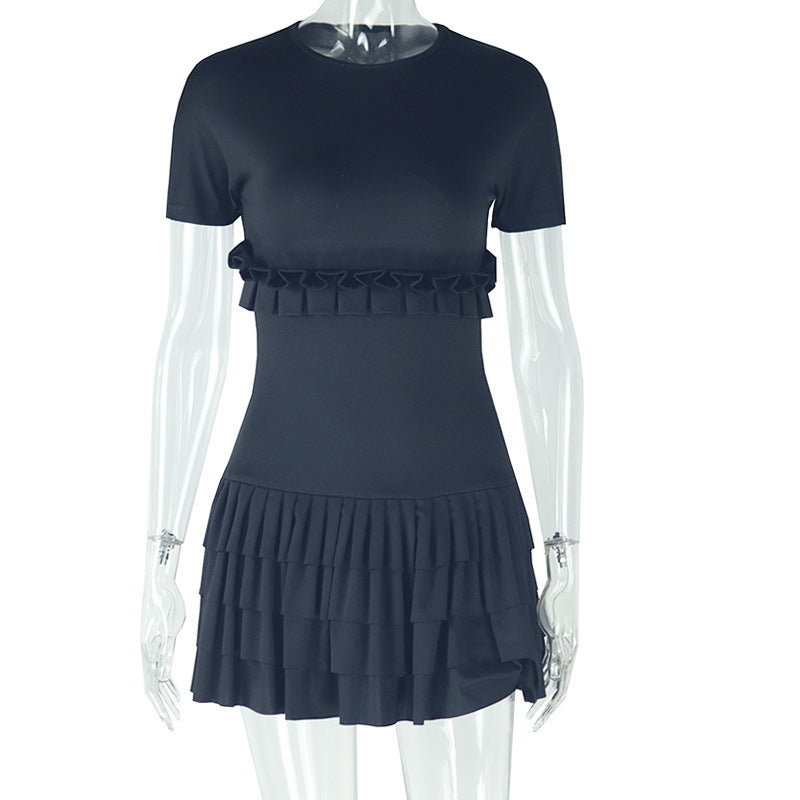 Fashion solid color tight sweet fresh pleated skirt short sleeve round neck short dress