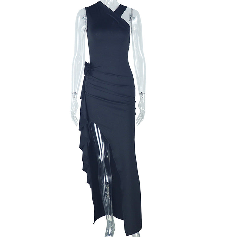 Solid color women's elegant slim fit pleated slit off-shoulder irregular skirt sleeveless high collar dress