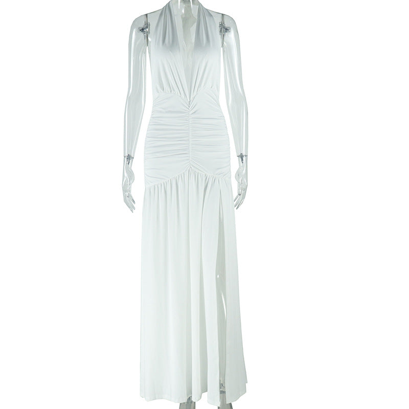 Women's solid color dress sexy sleeveless deep V-neck slit temperament casual waist skirt