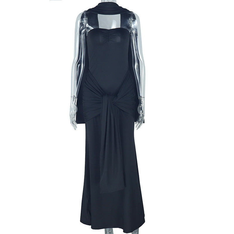 Elegant women's solid color pleated straps slim fishtail skirt one-shoulder neck tube top sexy dress