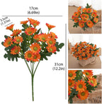 Orange artificial flowers with measurements and real-life application on a white background