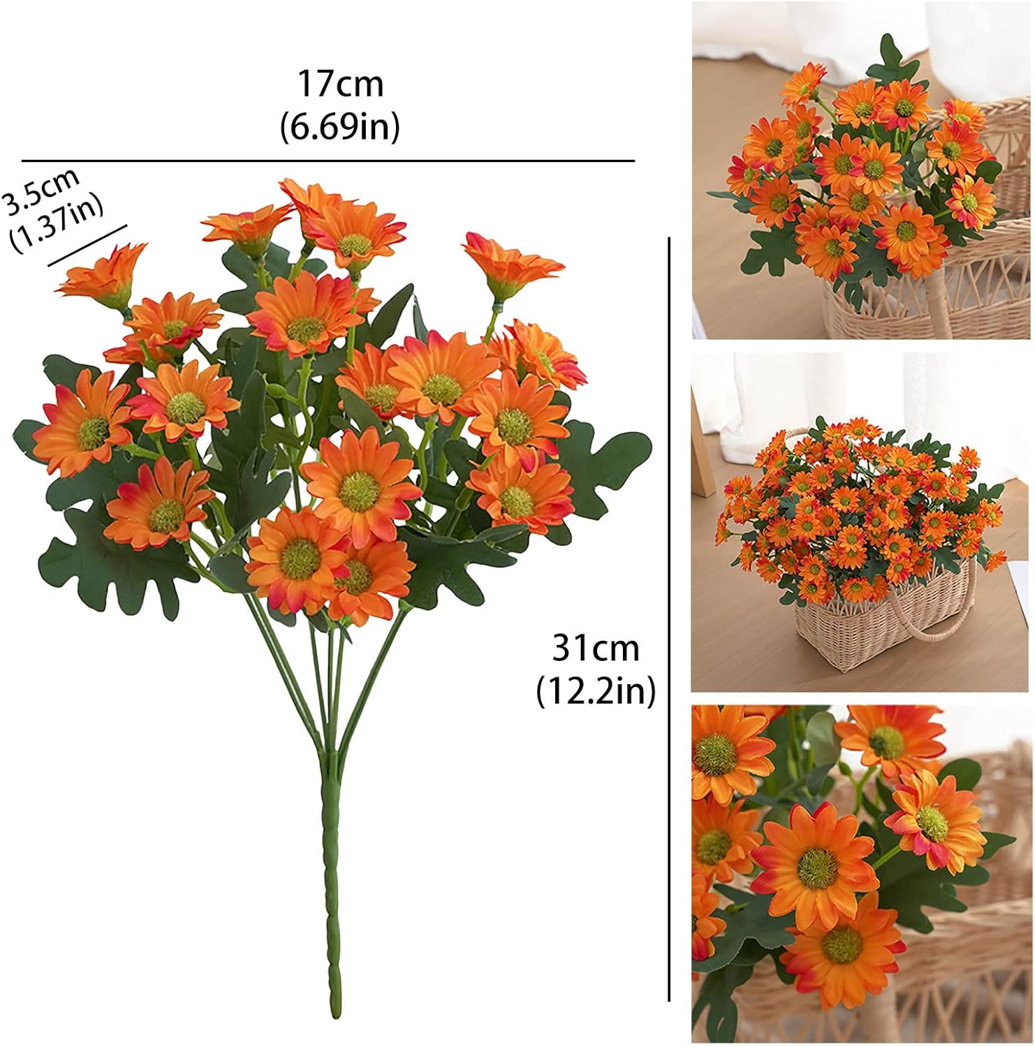 Orange artificial flowers with measurements and real-life application on a white background