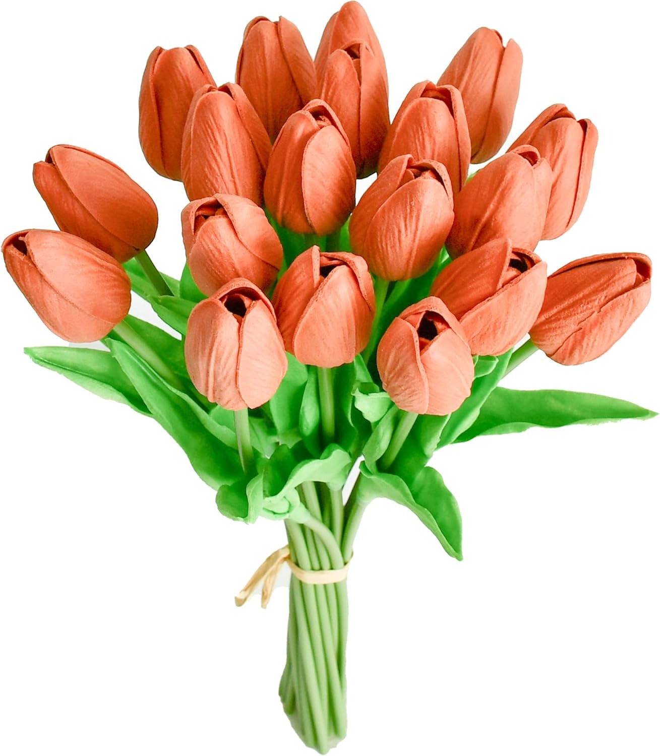 Bouquet of orange tulips with green stems on a white background