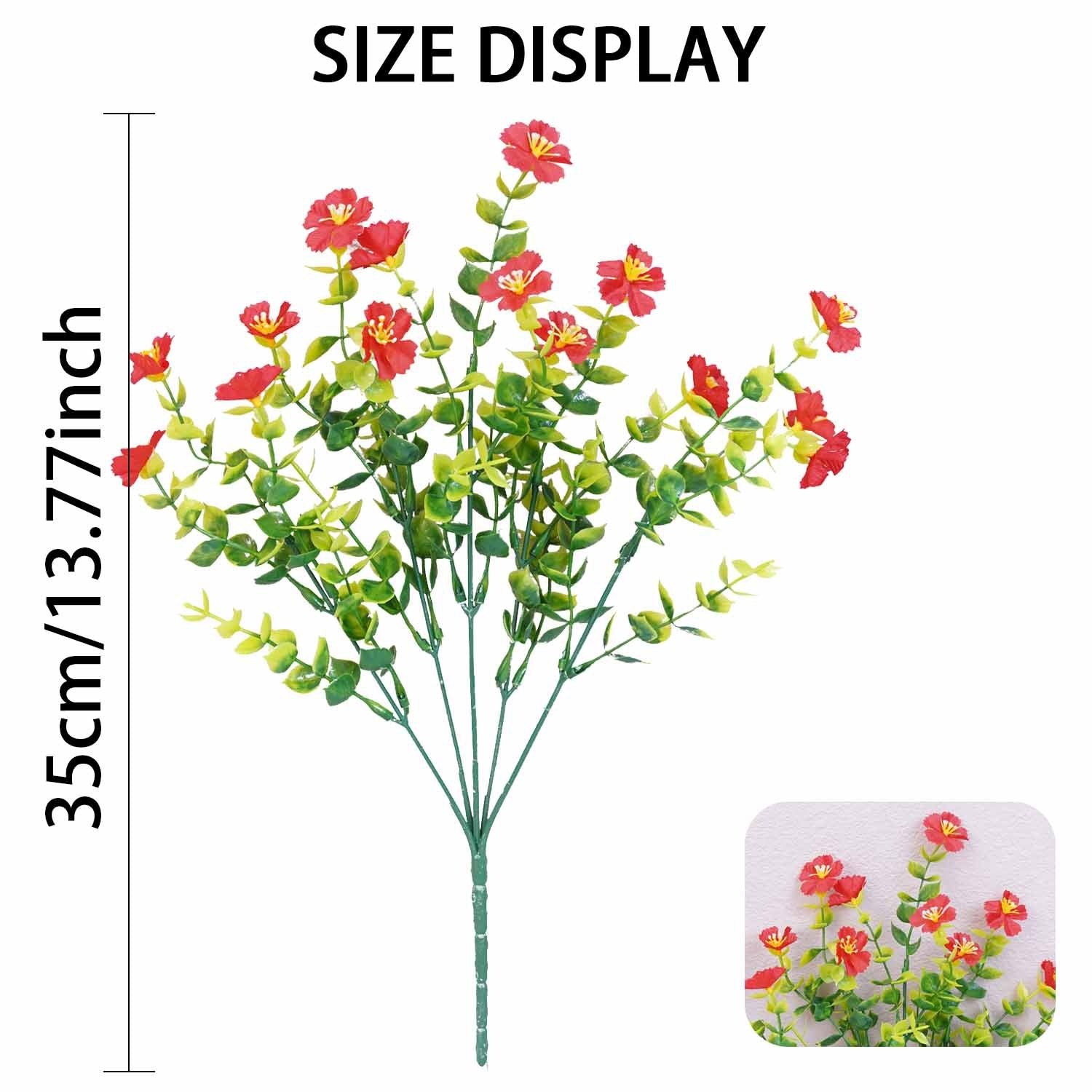 Artificial flower branch with red and yellow flowers and green leaves, displayed with size measurement on a white background.