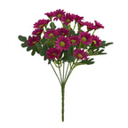 Bouquet of artificial purple flowers with green stems on a white background