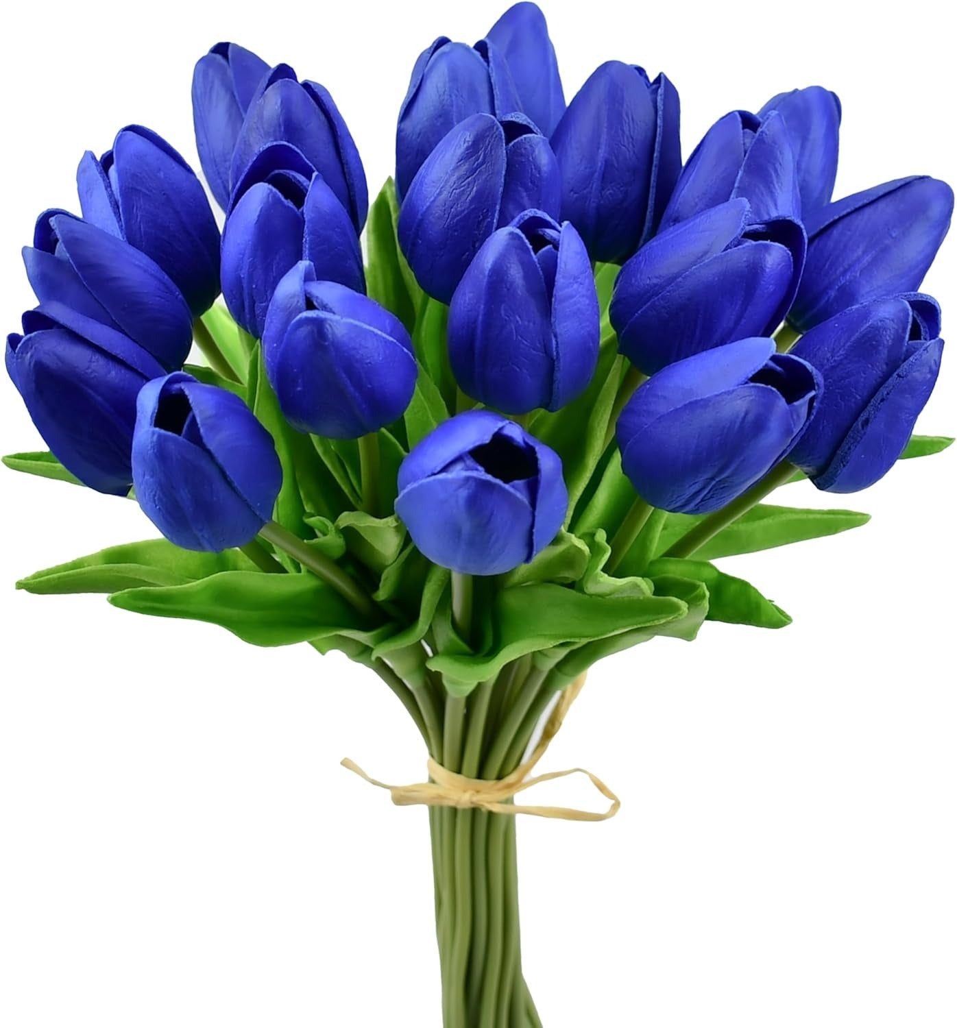 Bouquet of blue tulips with green stems on a white background