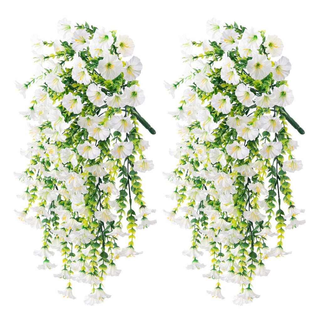 Two artificial white flower vines on a white background