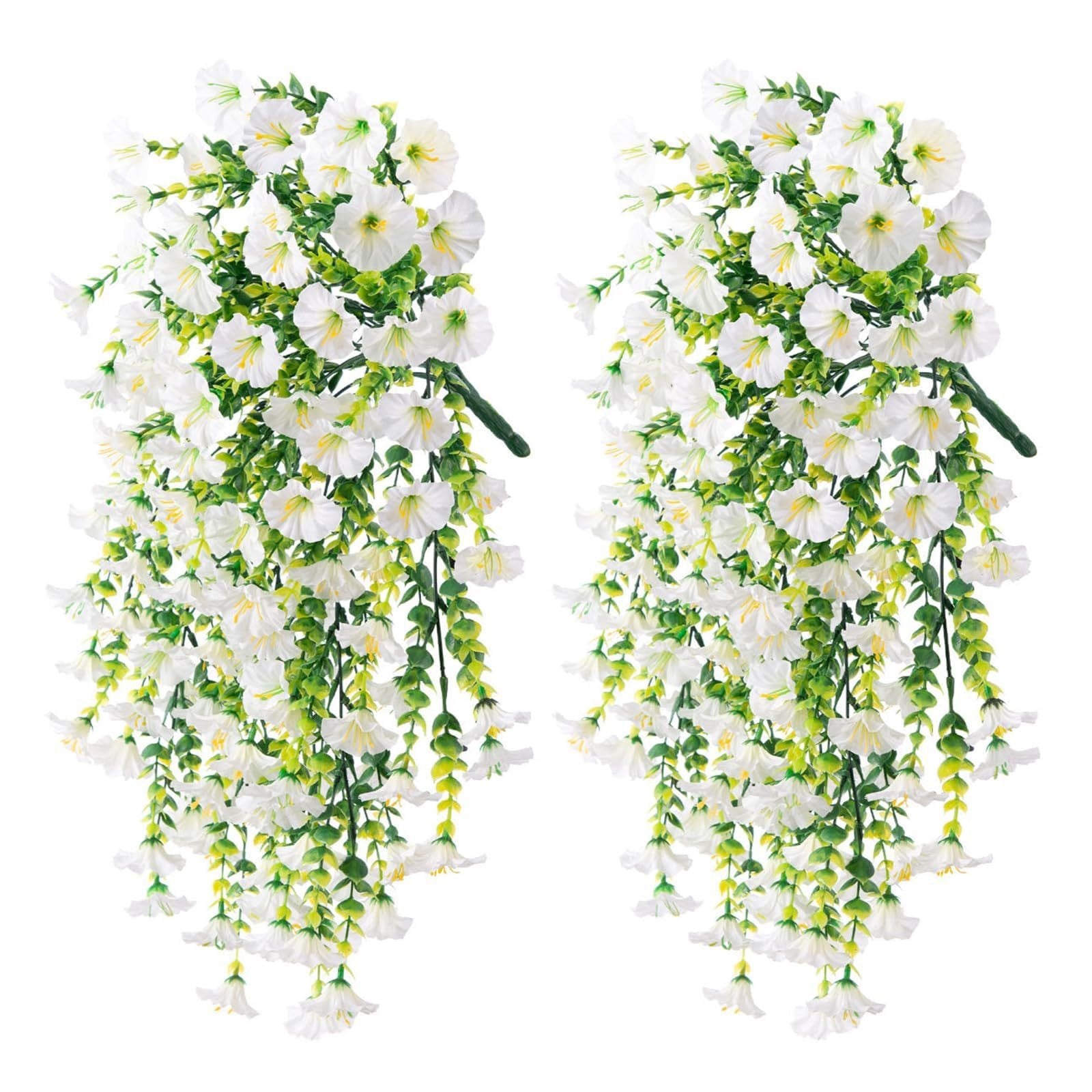 Two artificial white flower vines on a white background