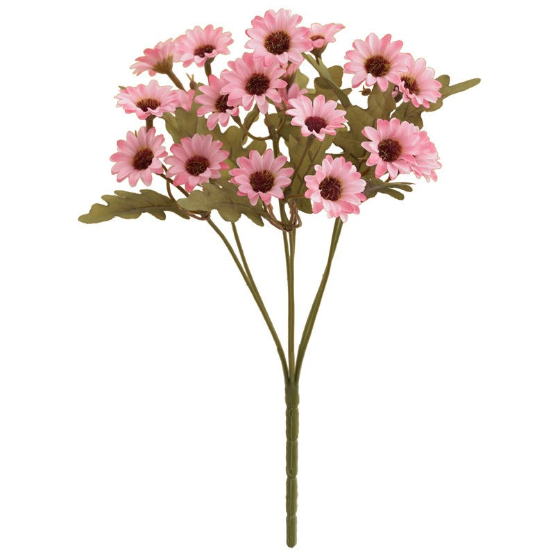 Bouquet of pink flowers with green stems on a white background