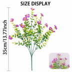 Artificial plant with purple flowers and green leaves, displayed with size measurement on a white background.